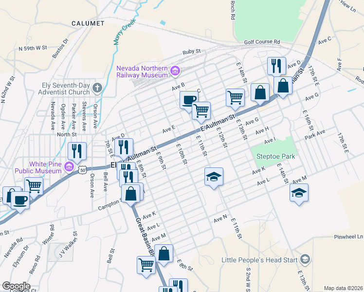 map of restaurants, bars, coffee shops, grocery stores, and more near 1003 Avenue G in Ely
