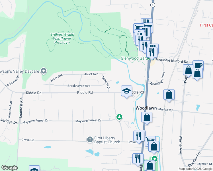 map of restaurants, bars, coffee shops, grocery stores, and more near 103 Brookhaven Avenue in Cincinnati