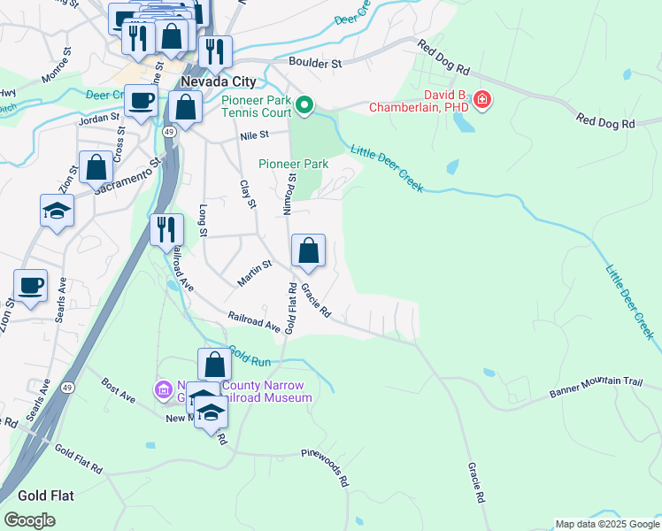 map of restaurants, bars, coffee shops, grocery stores, and more near 342 Gracie Road in Nevada City