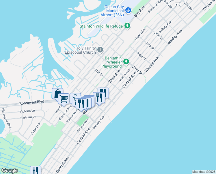 map of restaurants, bars, coffee shops, grocery stores, and more near 3116 West Avenue in Ocean City