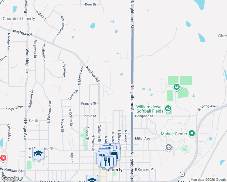 map of restaurants, bars, coffee shops, grocery stores, and more near 1 Crawford Lane in Liberty