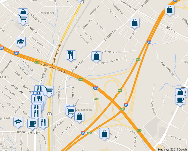 map of restaurants, bars, coffee shops, grocery stores, and more near 1528 Caton Center Drive in Arbutus