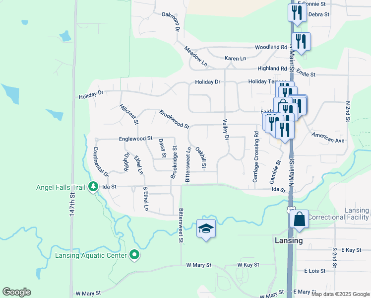 map of restaurants, bars, coffee shops, grocery stores, and more near 304 Bittersweet Lane in Lansing