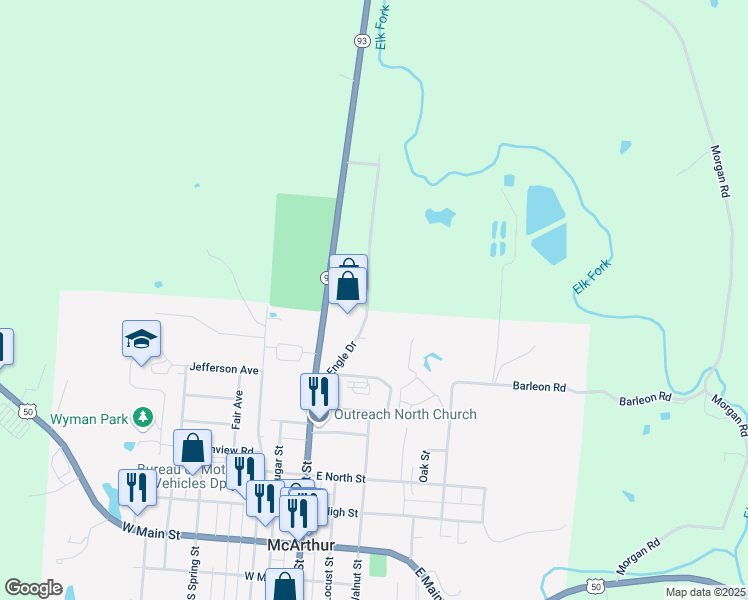 map of restaurants, bars, coffee shops, grocery stores, and more near 440 Engle Drive in McArthur