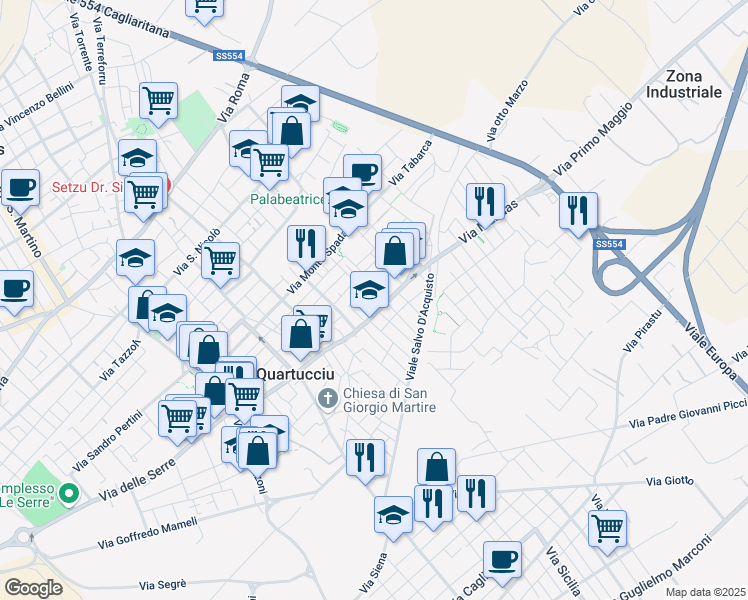 map of restaurants, bars, coffee shops, grocery stores, and more near 5A Via Serdiana in Quartucciu