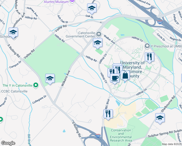 map of restaurants, bars, coffee shops, grocery stores, and more near 919 Rambling Drive in Catonsville