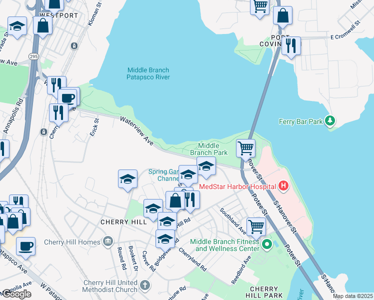 map of restaurants, bars, coffee shops, grocery stores, and more near 3301 Waterview Avenue in Baltimore