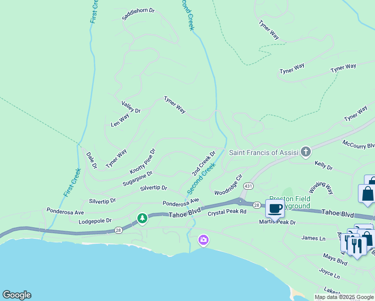 map of restaurants, bars, coffee shops, grocery stores, and more near 588 Sugarpine Drive in Incline Village