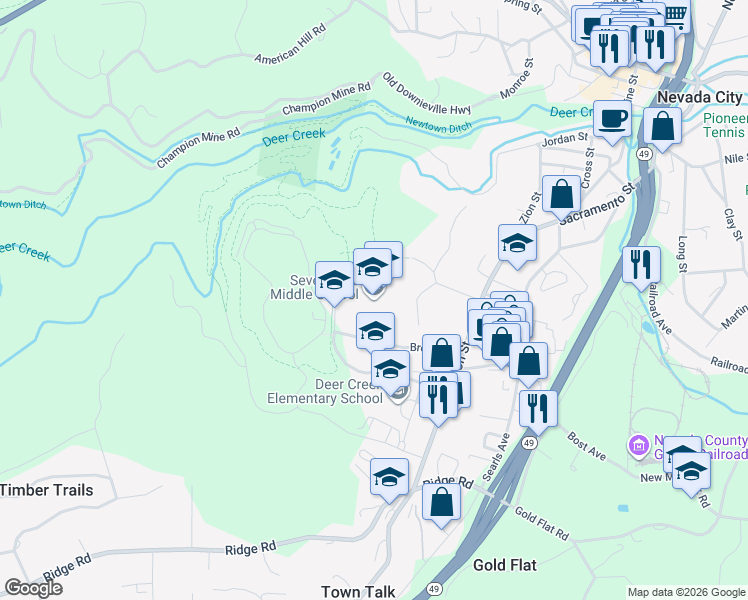 map of restaurants, bars, coffee shops, grocery stores, and more near 700 Hoover Lane in Nevada City