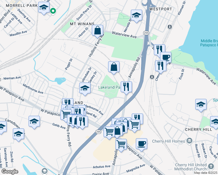 map of restaurants, bars, coffee shops, grocery stores, and more near 2761 Wegworth Lane in Baltimore