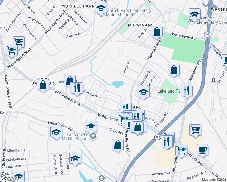 map of restaurants, bars, coffee shops, grocery stores, and more near 2519 Southdene Avenue in Baltimore