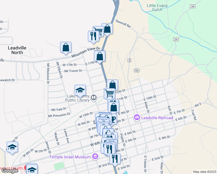 map of restaurants, bars, coffee shops, grocery stores, and more near 1300 Poplar Street in Leadville