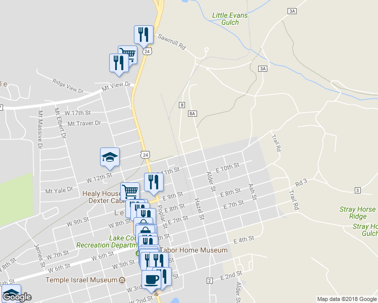 map of restaurants, bars, coffee shops, grocery stores, and more near 428 East 12th Street in Leadville