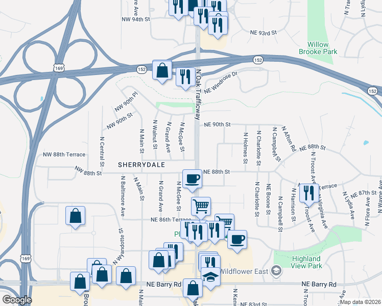 map of restaurants, bars, coffee shops, grocery stores, and more near 8816 North Oak Trafficway in Kansas City