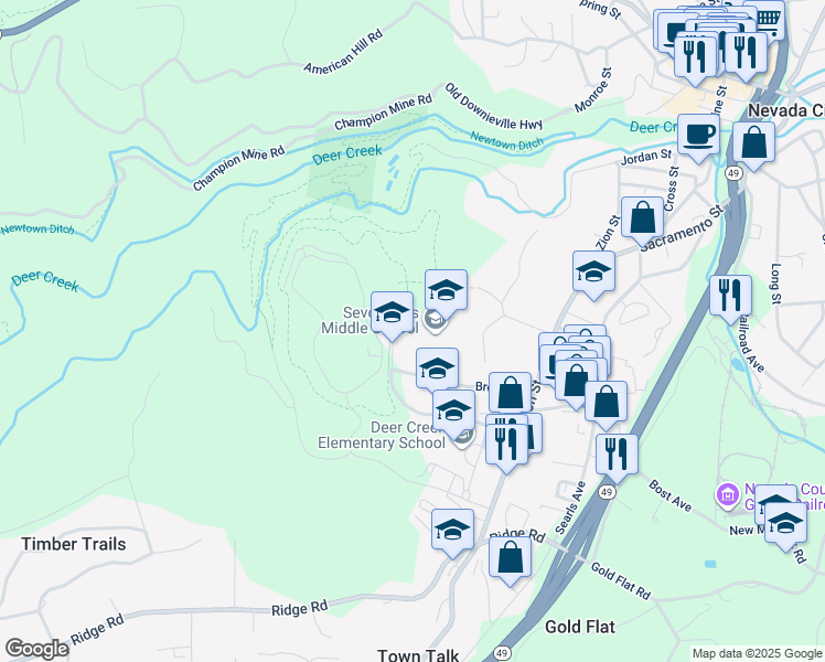 map of restaurants, bars, coffee shops, grocery stores, and more near 800 Hoover Lane in Nevada City