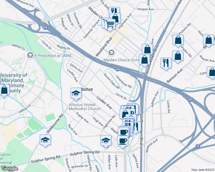 map of restaurants, bars, coffee shops, grocery stores, and more near 1236 Circle Drive in Halethorpe
