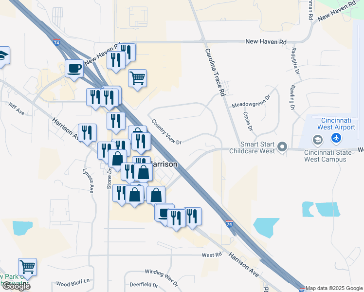 map of restaurants, bars, coffee shops, grocery stores, and more near 130 Country View Drive in Harrison