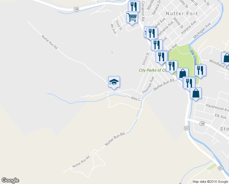 map of restaurants, bars, coffee shops, grocery stores, and more near Alley C in Nutter Fort