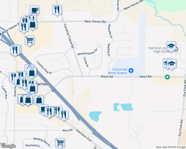 map of restaurants, bars, coffee shops, grocery stores, and more near 10184 West Road in Harrison