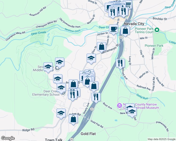 map of restaurants, bars, coffee shops, grocery stores, and more near 114 Walrath Avenue in Nevada City