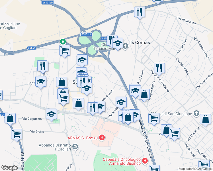 map of restaurants, bars, coffee shops, grocery stores, and more near 73 Via Montanaru in Su Planu