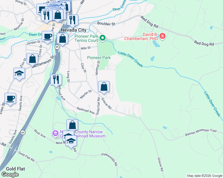 map of restaurants, bars, coffee shops, grocery stores, and more near 362 Gracie Road in Nevada City