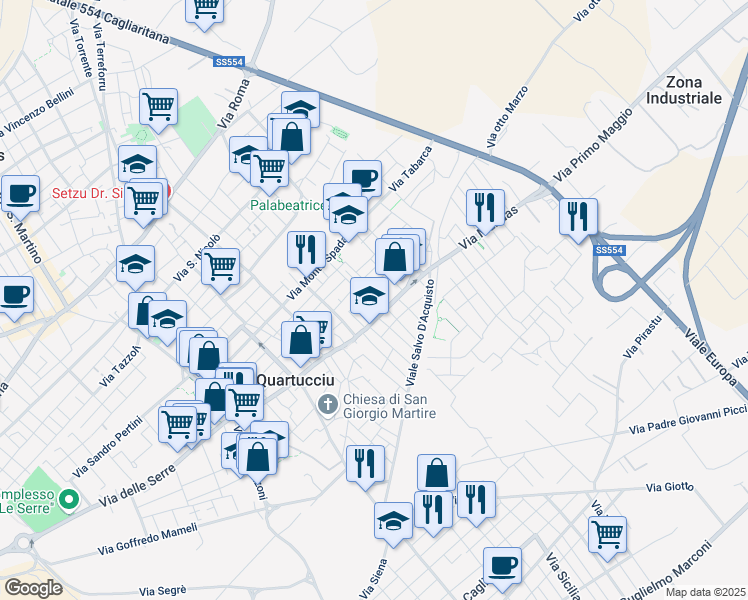 map of restaurants, bars, coffee shops, grocery stores, and more near 5A Via Serdiana in Quartucciu