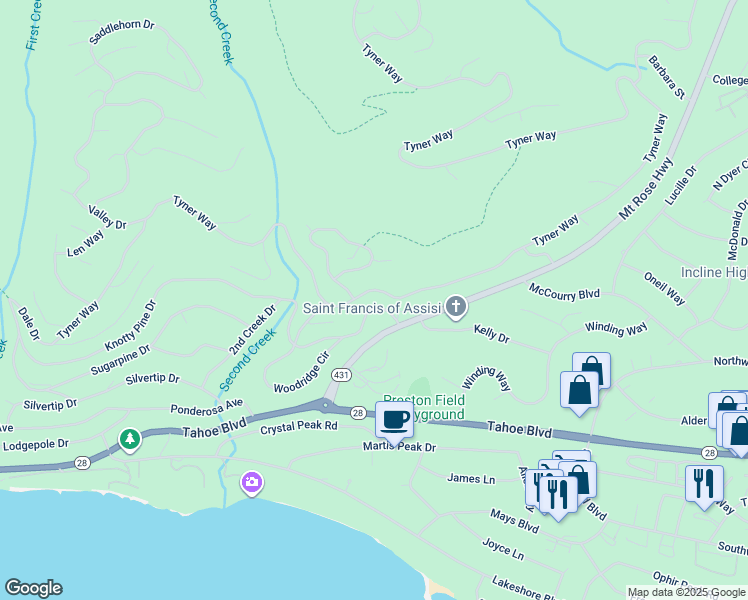 map of restaurants, bars, coffee shops, grocery stores, and more near 663 Tyner Way in Incline Village