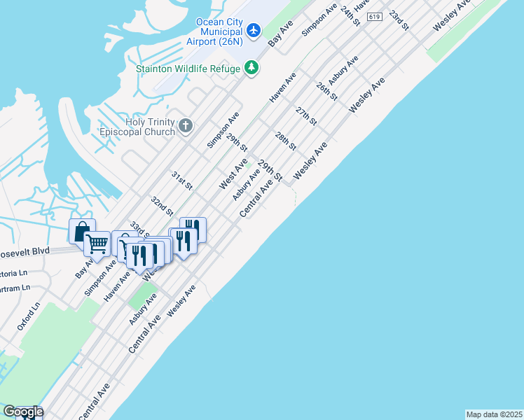 map of restaurants, bars, coffee shops, grocery stores, and more near 3015 Central Avenue in Ocean City