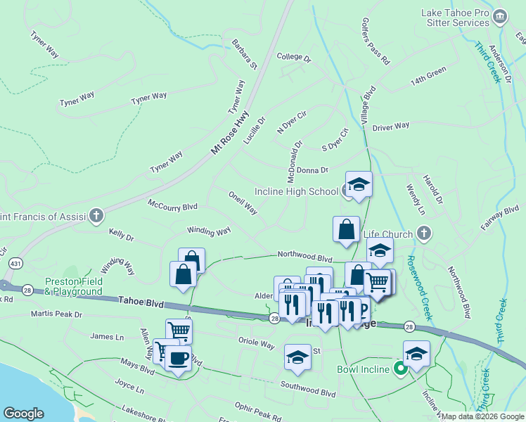 map of restaurants, bars, coffee shops, grocery stores, and more near 833 Oneil Way in Incline Village
