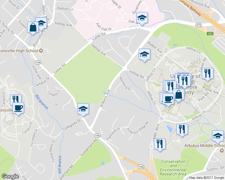 map of restaurants, bars, coffee shops, grocery stores, and more near 5510 Knollview Court in Catonsville