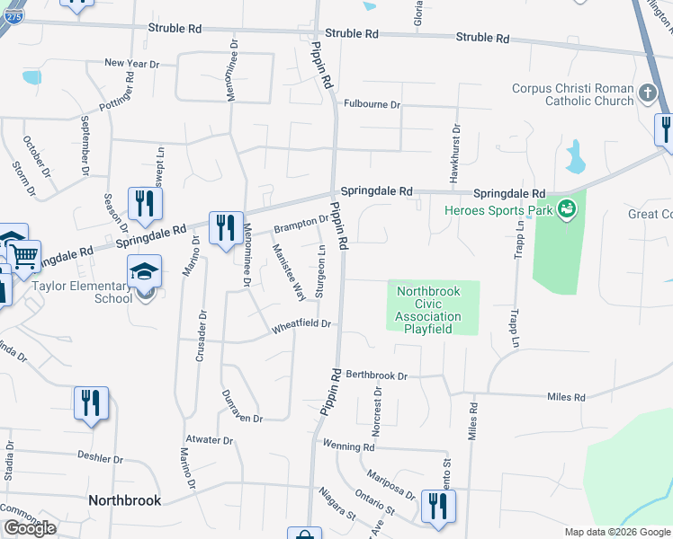 map of restaurants, bars, coffee shops, grocery stores, and more near 10073 Pippin Road in Cincinnati