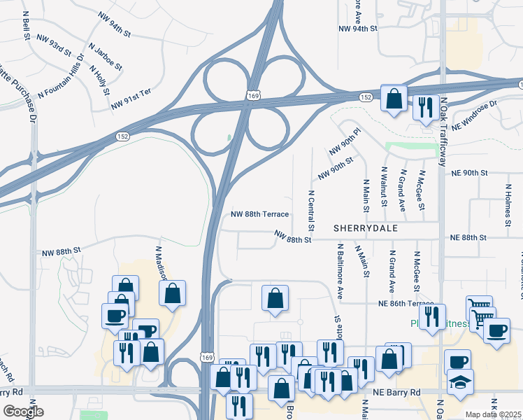 map of restaurants, bars, coffee shops, grocery stores, and more near 512 Northwest 88th Terrace in Kansas City