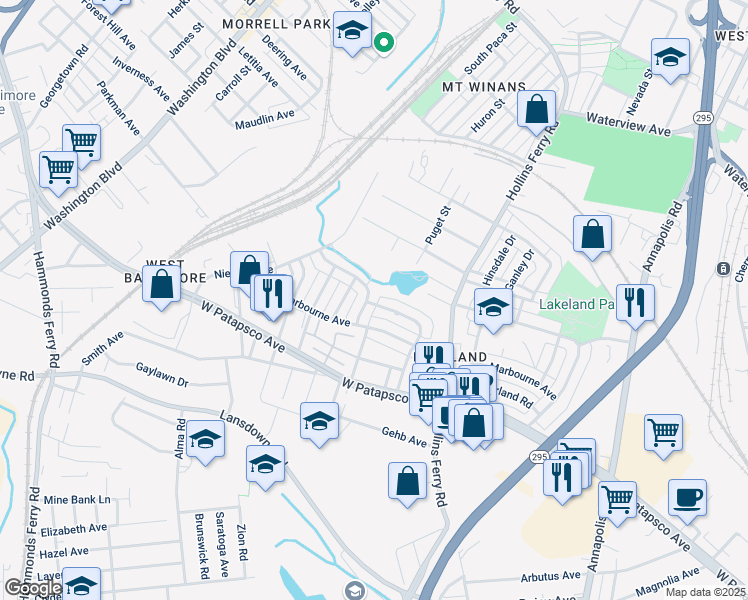 map of restaurants, bars, coffee shops, grocery stores, and more near 3009 Huron Street in Baltimore