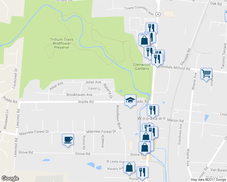 map of restaurants, bars, coffee shops, grocery stores, and more near 103 Brookhaven Avenue in Cincinnati