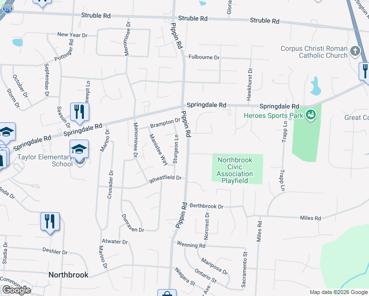 map of restaurants, bars, coffee shops, grocery stores, and more near 10073 Pippin Road in Cincinnati