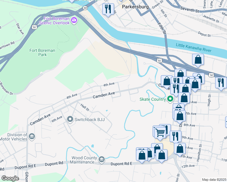 map of restaurants, bars, coffee shops, grocery stores, and more near 1205 Camden Avenue in Parkersburg