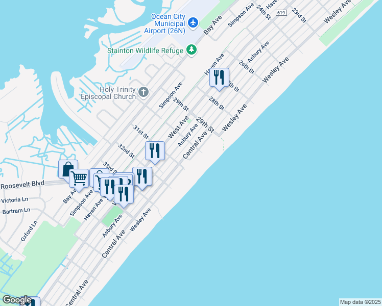 map of restaurants, bars, coffee shops, grocery stores, and more near 3015 Central Avenue in Ocean City
