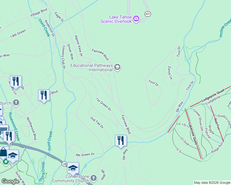map of restaurants, bars, coffee shops, grocery stores, and more near 449 Fairview Blvd in Incline Village