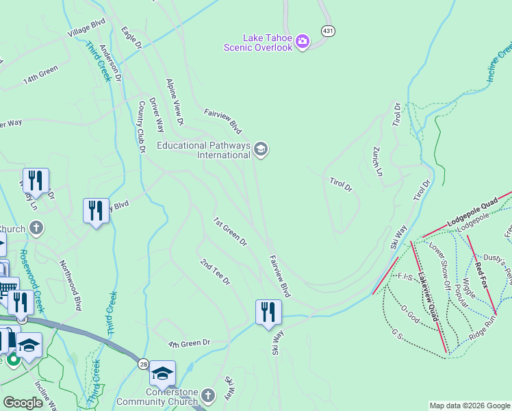 map of restaurants, bars, coffee shops, grocery stores, and more near 449 Fairview Boulevard in Incline Village