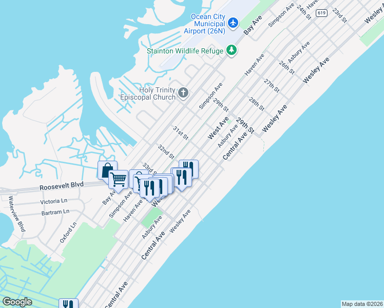 map of restaurants, bars, coffee shops, grocery stores, and more near 3116 West Avenue in Ocean City
