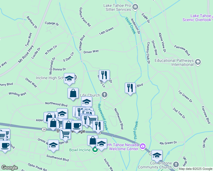map of restaurants, bars, coffee shops, grocery stores, and more near 934 Wendy Lane in Incline Village