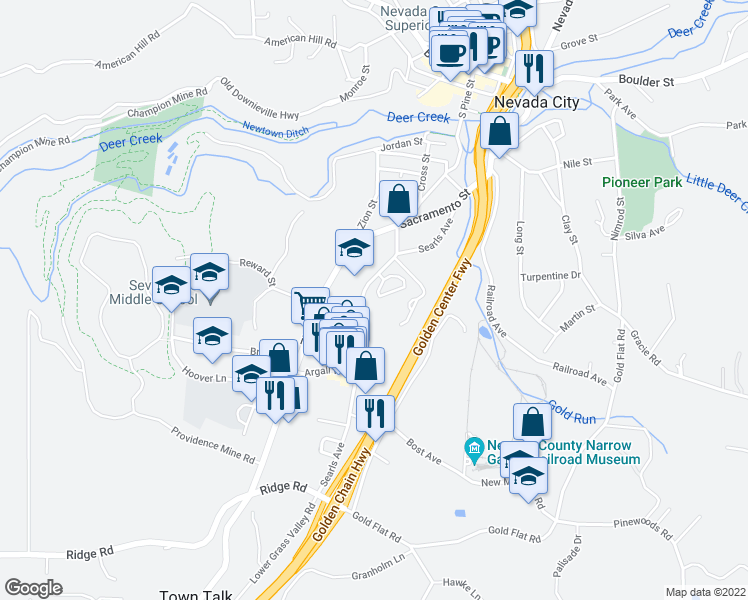 map of restaurants, bars, coffee shops, grocery stores, and more near 310 Bridge Way in Nevada City