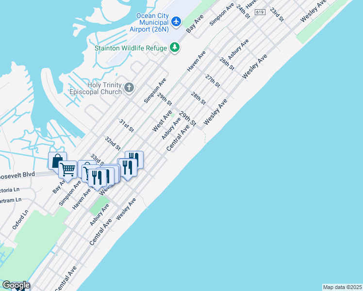 map of restaurants, bars, coffee shops, grocery stores, and more near 3015 Central Avenue in Ocean City