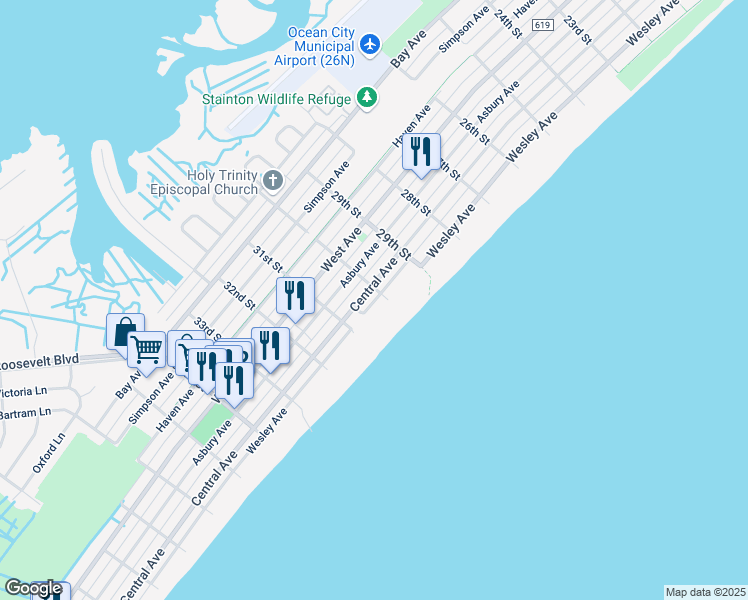 map of restaurants, bars, coffee shops, grocery stores, and more near 3015 Central Avenue in Ocean City