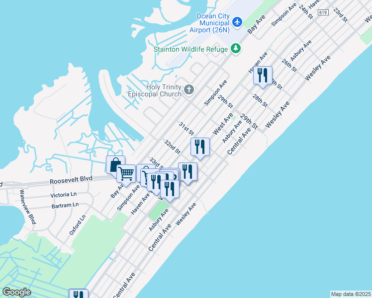map of restaurants, bars, coffee shops, grocery stores, and more near 3136 Haven Avenue in Ocean City