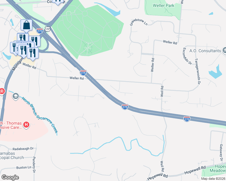 map of restaurants, bars, coffee shops, grocery stores, and more near 8405 Capricorn Drive in Cincinnati