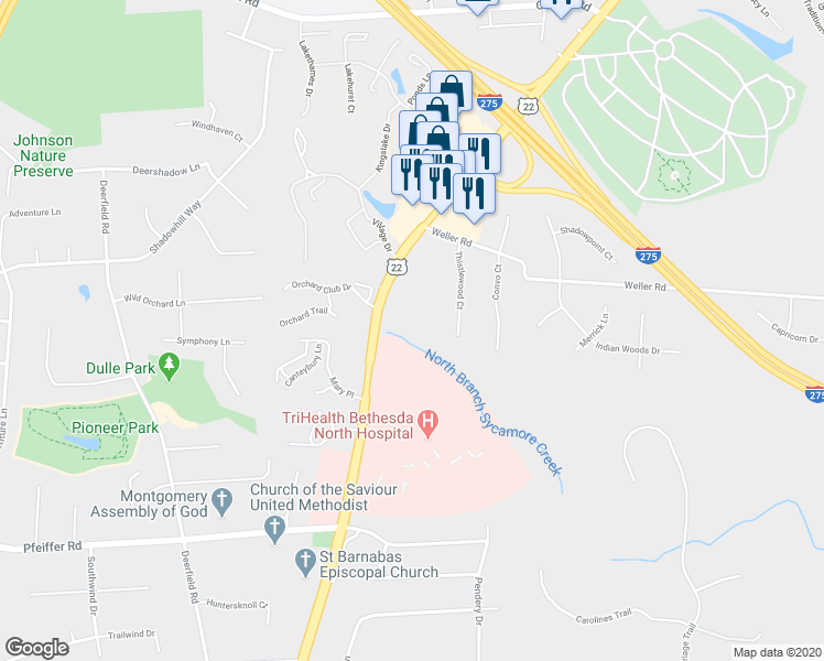map of restaurants, bars, coffee shops, grocery stores, and more near 10620 Montgomery Road in Cincinnati