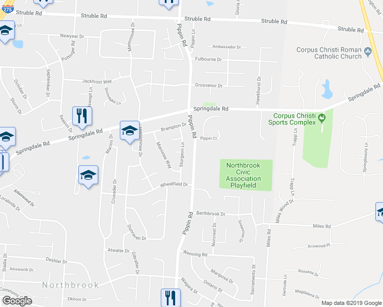 map of restaurants, bars, coffee shops, grocery stores, and more near 10073 Pippin Road in Cincinnati