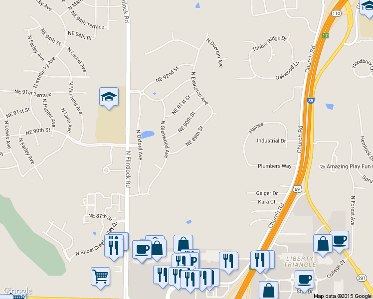 map of restaurants, bars, coffee shops, grocery stores, and more near 9501 Northeast 89th Street in Kansas City